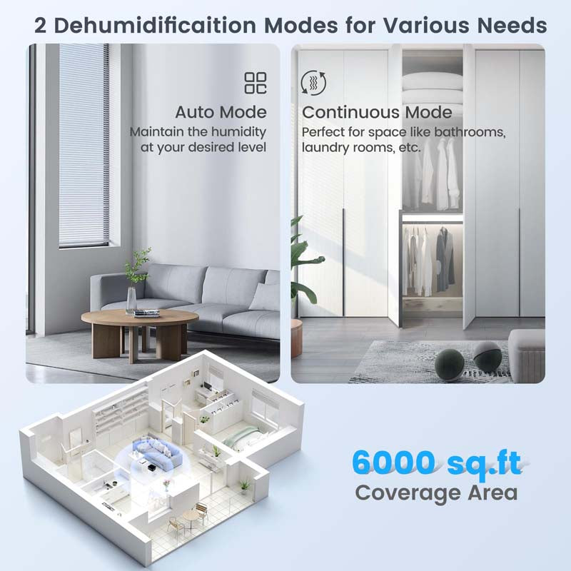 90-Pint Dehumidifier for Basement Home, 6000 Sq.Ft Dehumidifier with Drain Hose, Pump, 2.2 Gal Water Tank, 24H Timer