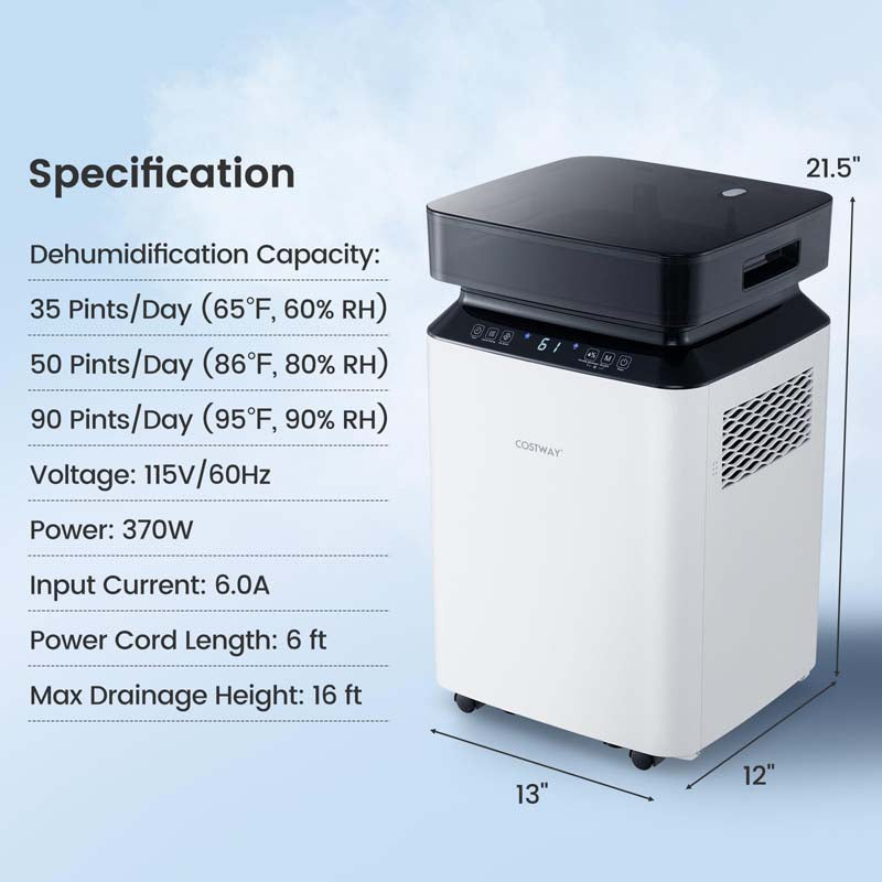 90-Pint Dehumidifier for Basement Home, 6000 Sq.Ft Dehumidifier with Drain Hose, Pump, 2.2 Gal Water Tank, 24H Timer