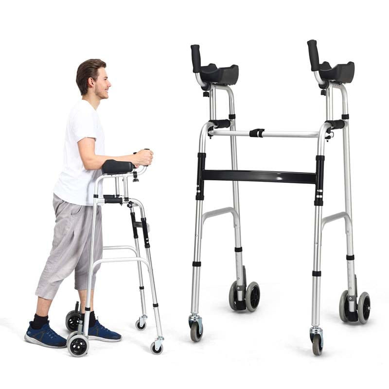 Foldable Standard Walker with 5" Wheels & Padded Armrest, Height Adjustable Walking Mobility Aid for Seniors