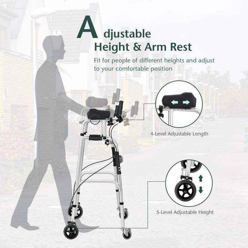 Foldable Standard Walker with 5" Wheels & Padded Armrest, Height Adjustable Walking Mobility Aid for Seniors
