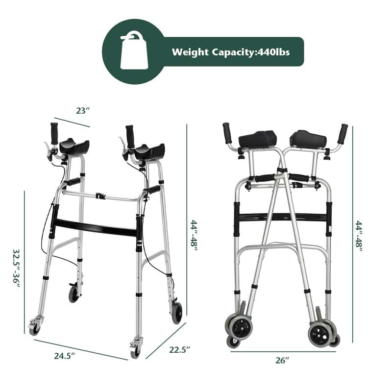 Foldable Standard Walker with 5" Wheels & Padded Armrest, Height Adjustable Walking Mobility Aid for Seniors