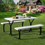 Outdoor Picnic Table Bench Set, All-Weather Dining Table Set, Metal Base Wood-Like Texture, Large Camping Table for Lawn Garden Backyard