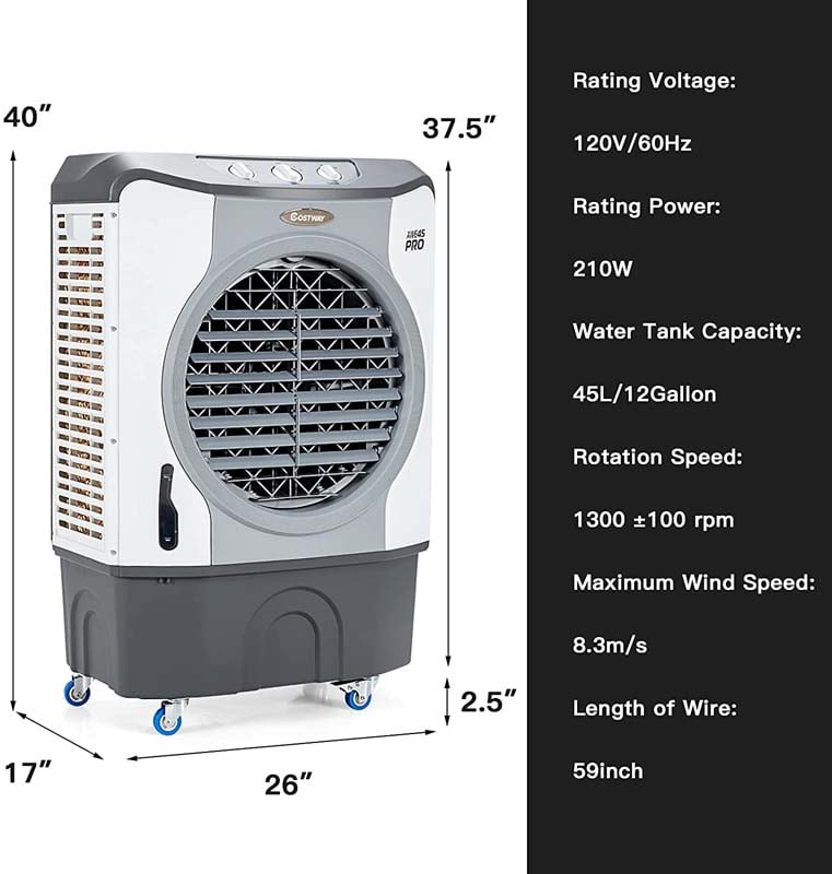 9740 CFM Portable Industrial Evaporative Cooler 4-in-1 Air Cooling Fan Humidifier Purifer with 45L Water Tank
