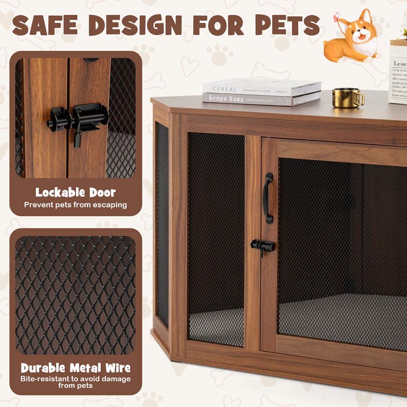 Corner Dog Crate Furniture with Mesh Door & Cushion, Wooden Indoor Puppy House Pet Kennel for Small & Medium Dogs