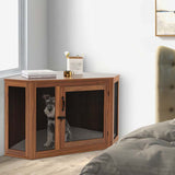 Corner Dog Crate Furniture with Mesh Door & Cushion, Wooden Indoor Puppy House Pet Kennel for Small & Medium Dogs