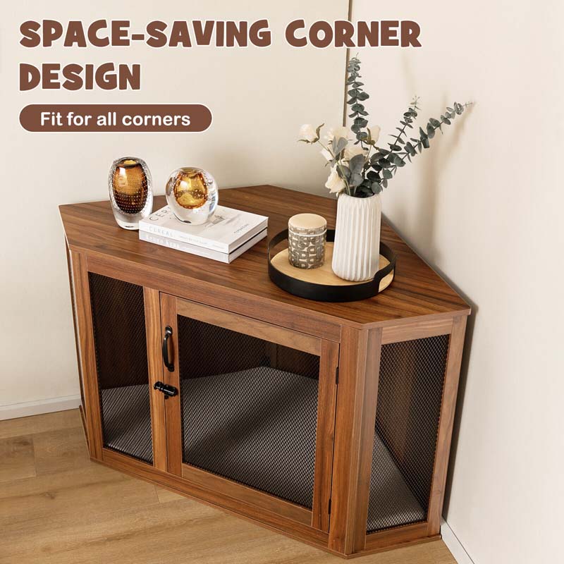 Corner Dog Crate Furniture with Mesh Door & Cushion, Wooden Indoor Puppy House Pet Kennel for Small & Medium Dogs