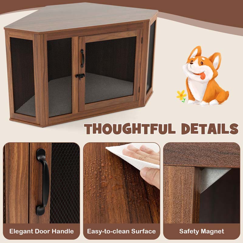 Corner Dog Crate Furniture with Mesh Door & Cushion, Wooden Indoor Puppy House Pet Kennel for Small & Medium Dogs