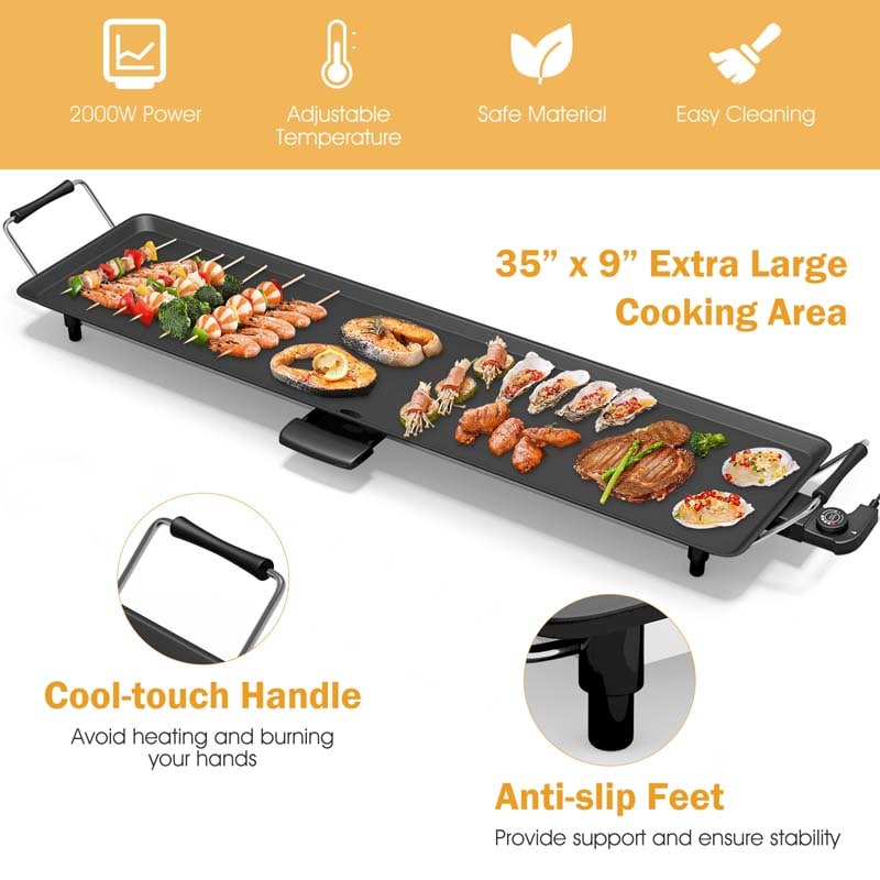 35" Extra Long Nonstick Electric Griddle, BBQ Teppanyaki Table Top Grill Griddle with Adjustable Temperature & Drip Tray