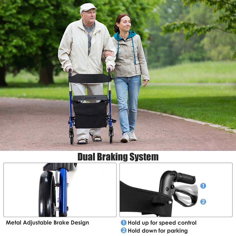 2 in 1 Folding Rollator Walker with Seat & 8" Wheels, Medical Walker Rolling Chair Mobility Walking Aid