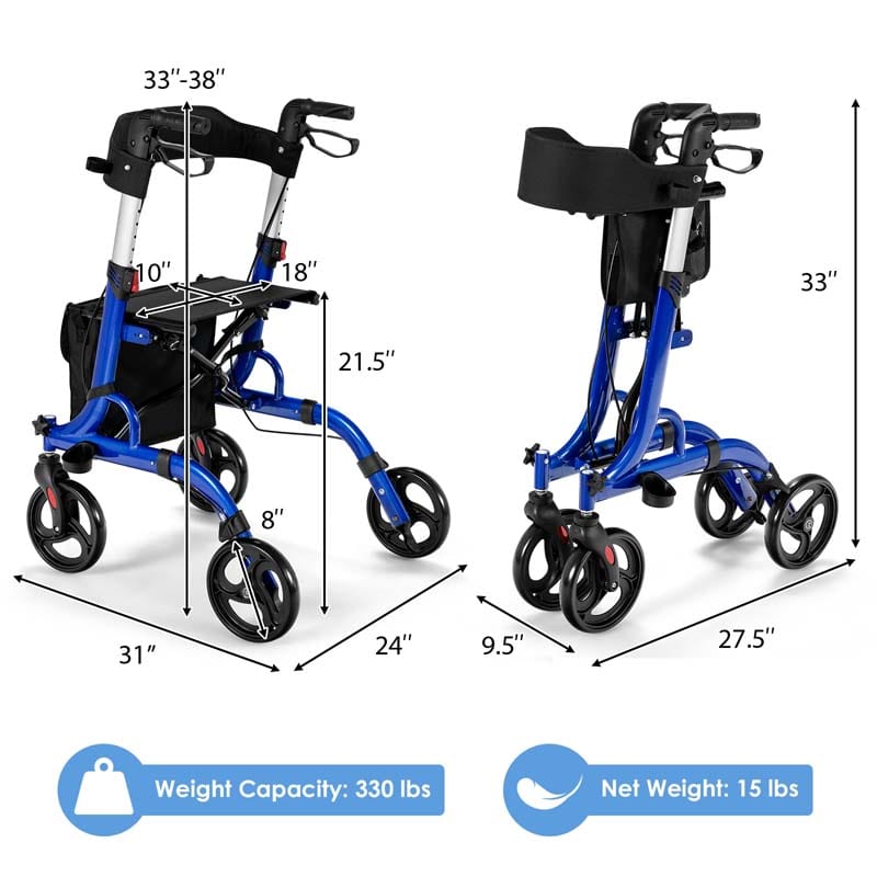 2 in 1 Folding Rollator Walker with Seat & 8" Wheels, Medical Walker Rolling Chair Mobility Walking Aid