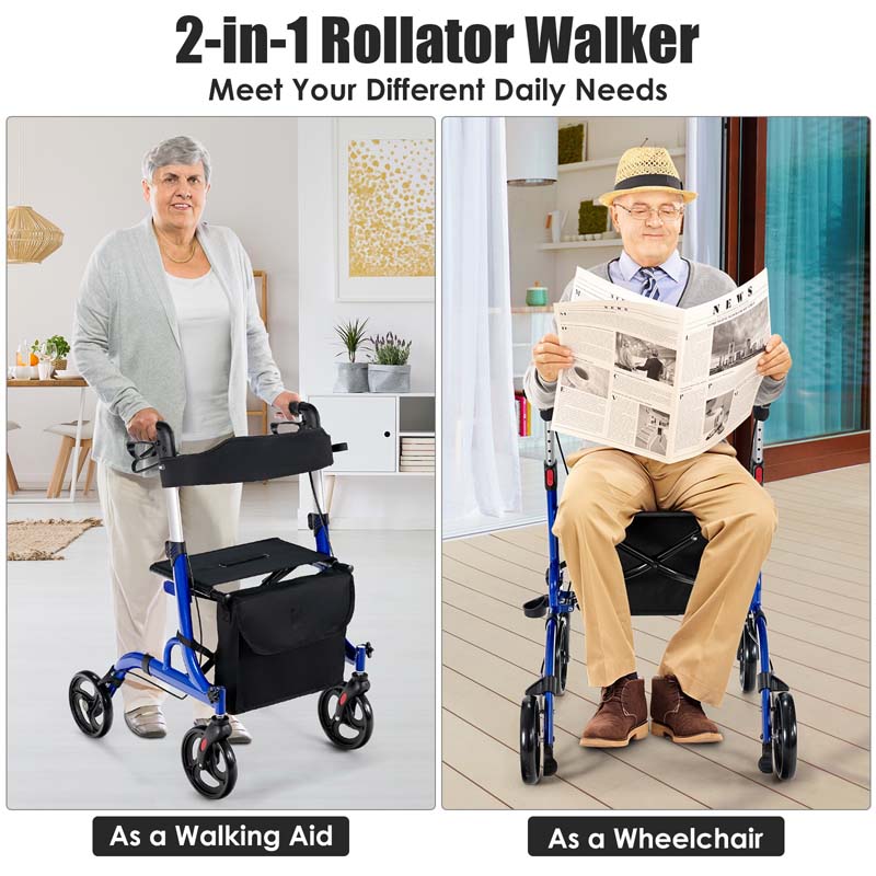 2 in 1 Folding Rollator Walker with Seat & 8" Wheels, Medical Walker Rolling Chair Mobility Walking Aid