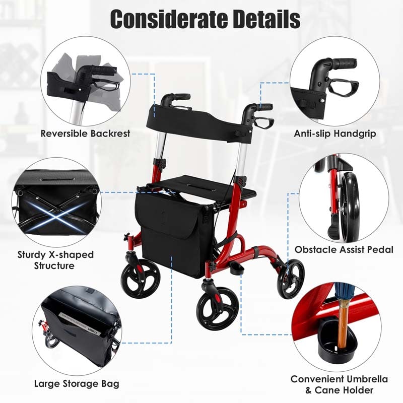 2 in 1 Folding Rollator Walker with Seat & 8" Wheels, Medical Walker Rolling Chair Mobility Walking Aid