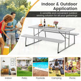 6 FT HDPE Folding Picnic Table Bench Set for 8 Person, Outdoor Large Picnic Table with Umbrella Hole & Metal Frame