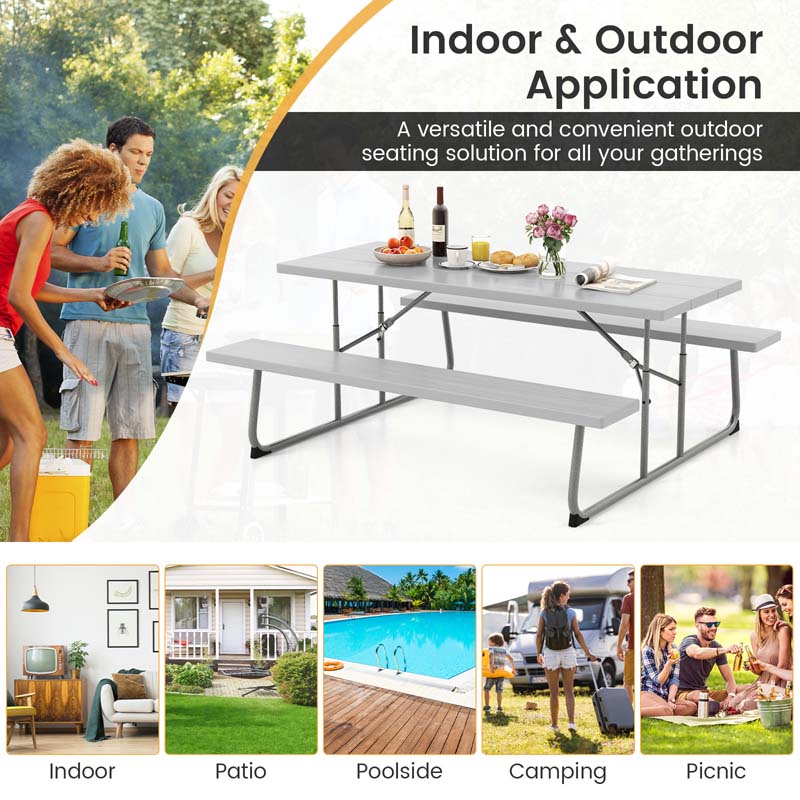 6 FT HDPE Folding Picnic Table Bench Set for 8 Person, Outdoor Large Picnic Table with Umbrella Hole & Metal Frame