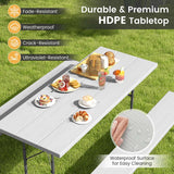 6 FT HDPE Folding Picnic Table Bench Set for 8 Person, Outdoor Large Picnic Table with Umbrella Hole & Metal Frame