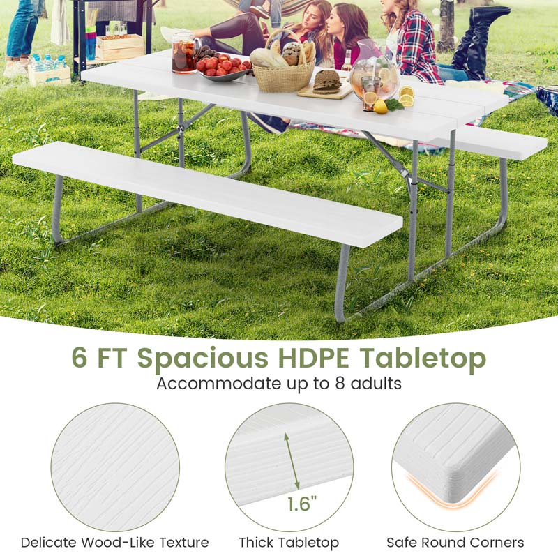 6 FT HDPE Folding Picnic Table Bench Set for 8 Person, Outdoor Large Picnic Table with Umbrella Hole & Metal Frame