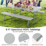 6 FT HDPE Folding Picnic Table Bench Set for 8 Person, Outdoor Large Picnic Table with Umbrella Hole & Metal Frame