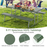 6 FT HDPE Folding Picnic Table Bench Set for 8 Person, Outdoor Large Picnic Table with Umbrella Hole & Metal Frame