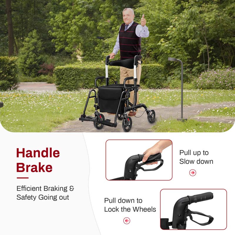 2 in 1 Folding Rollator Walker with Seat & Bag, Aluminum Medical Walker Rolling Transport Chair Mobility Walking Aid