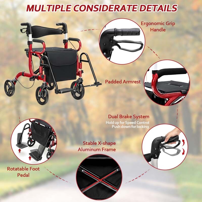 2 in 1 Folding Rollator Walker with Seat & Bag, Aluminum Medical Walker Rolling Transport Chair Mobility Walking Aid