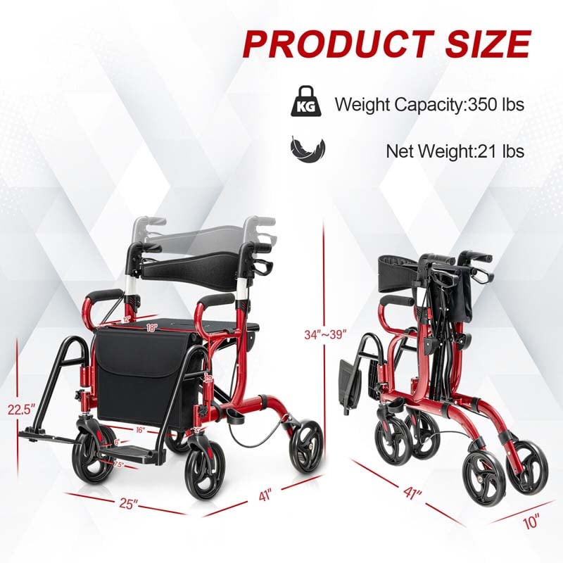 2 in 1 Folding Rollator Walker with Seat & Bag, Aluminum Medical Walker Rolling Transport Chair Mobility Walking Aid