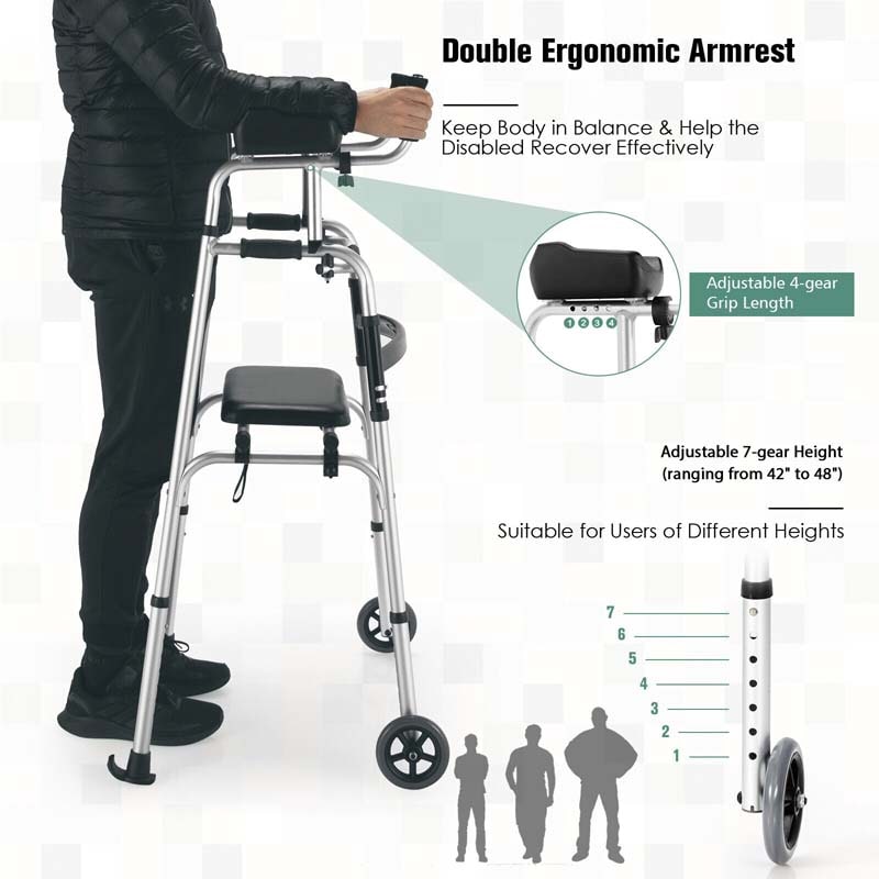 Folding Standard Rollator Walker with Seat & Armrest Pad, Lightweight Standing & Walking Mobility Aid