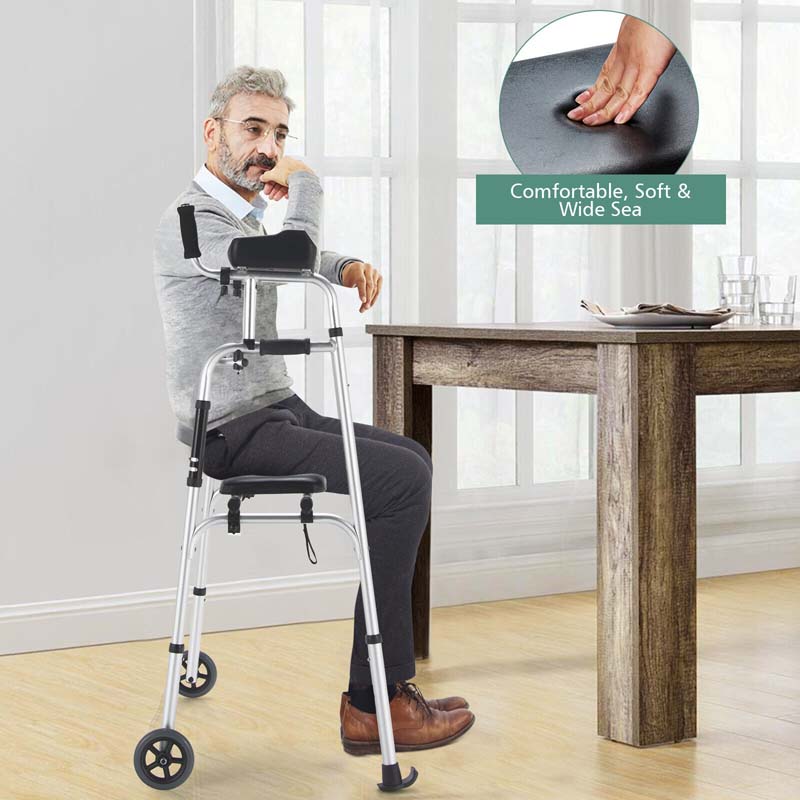 Folding Standard Rollator Walker with Seat & Armrest Pad, Lightweight Standing & Walking Mobility Aid