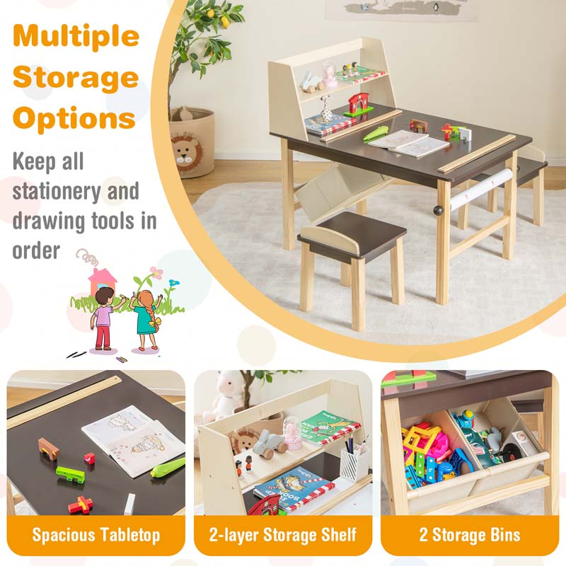 Kids Art Table and Chair Set with Paper Roll, 2 Storage Bins, Kids Activity Play Table Set Wooden Drawing Painting Craft Center