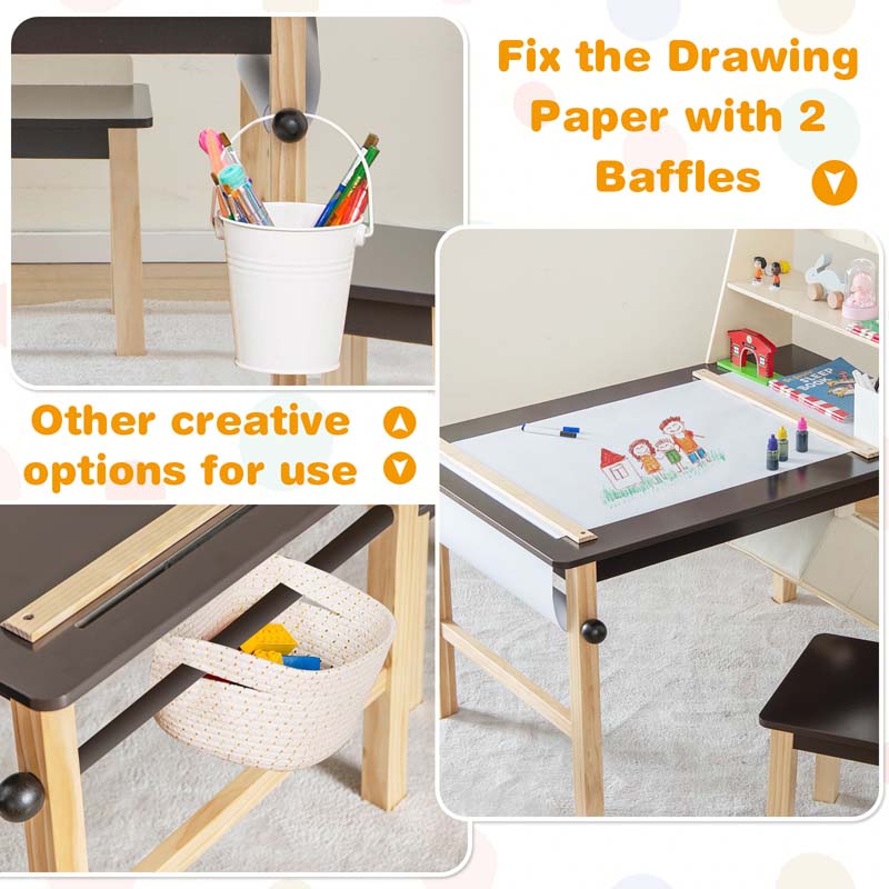 Kids Art Table and Chair Set with Paper Roll, 2 Storage Bins, Kids Activity Play Table Set Wooden Drawing Painting Craft Center