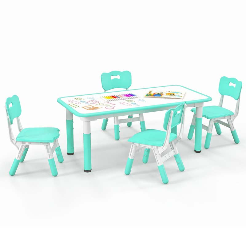 Height Adjustable Kids Table and Chairs Set of 4, Children Play Table with Graffiti Desktop, Toddler Art Study Multi-Activity Table Set for Daycare Playroom