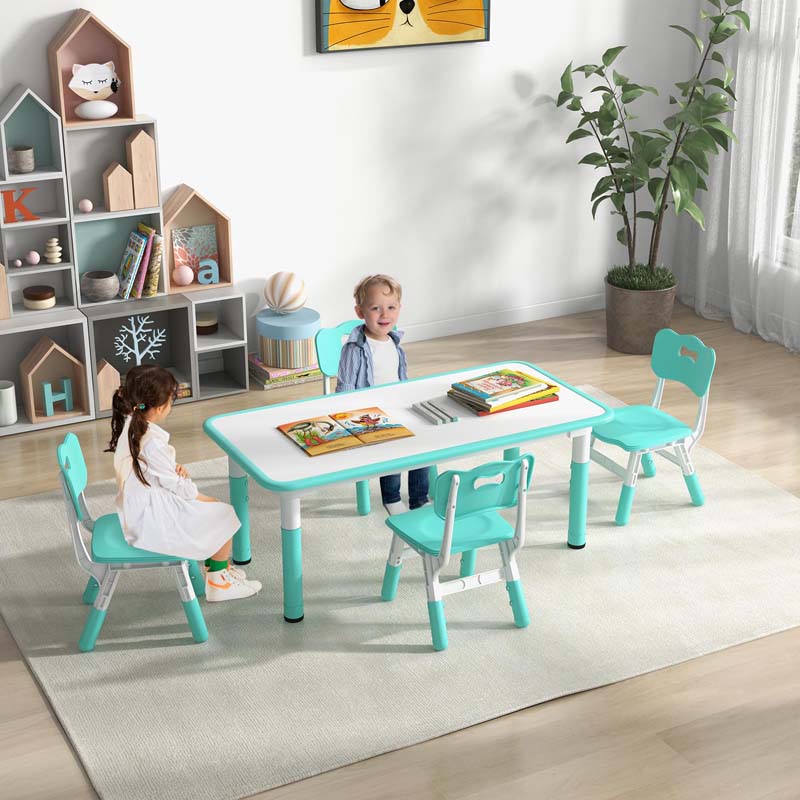 Height Adjustable Kids Table and Chairs Set of 4, Children Play Table with Graffiti Desktop, Toddler Art Study Multi-Activity Table Set for Daycare Playroom