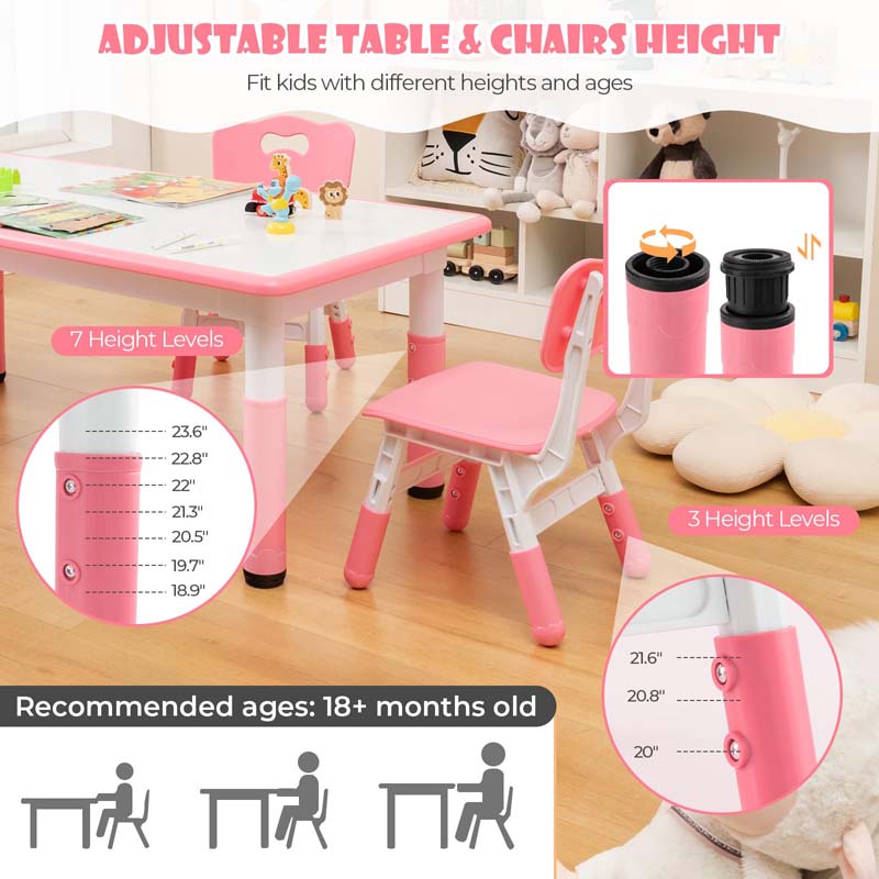 Height Adjustable Kids Table and Chairs Set of 4, Children Play Table with Graffiti Desktop, Toddler Art Study Multi-Activity Table Set for Daycare Playroom