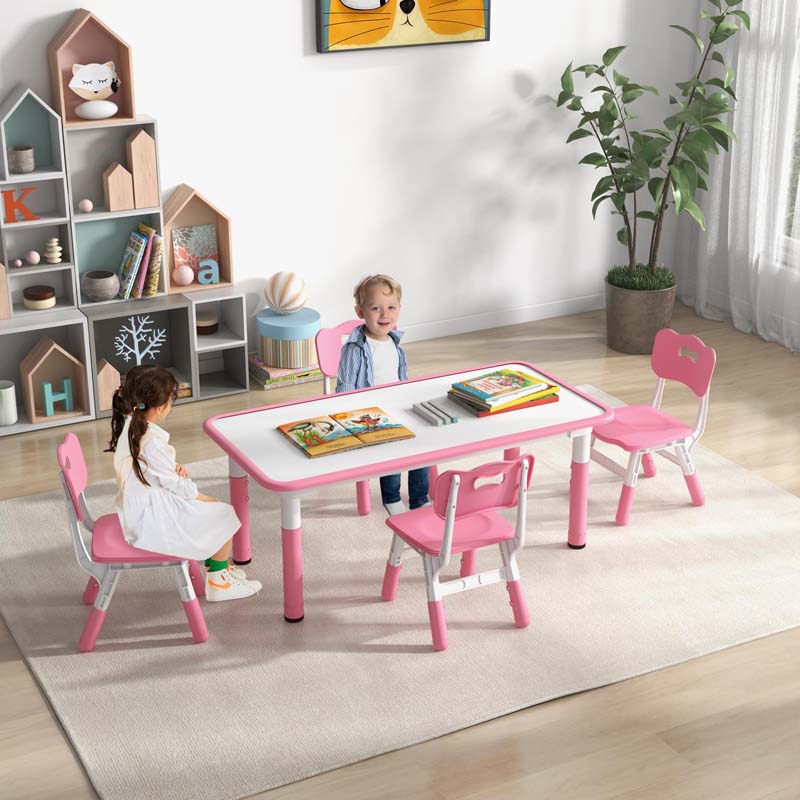 Height Adjustable Kids Table and Chairs Set of 4, Children Play Table with Graffiti Desktop, Toddler Art Study Multi-Activity Table Set for Daycare Playroom