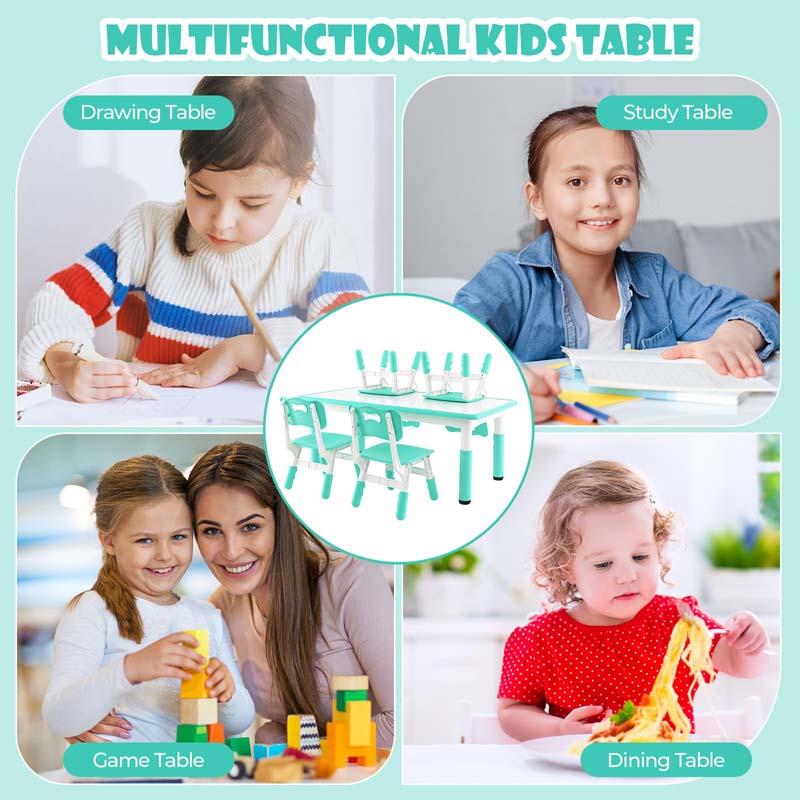 Height Adjustable Kids Table and Chairs Set of 4, Children Play Table with Graffiti Desktop, Toddler Art Study Multi-Activity Table Set for Daycare Playroom