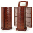 Dark Walnut Large Standing Jewelry Armoire Cabinet with 8 Drawers & 2 Swing Doors, 16 Hooks, Top Mirror Boxes