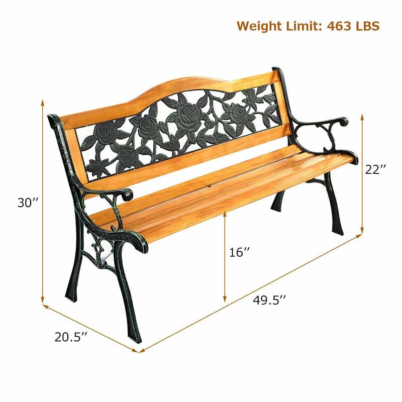 50" Garden Park Bench Cast Iron & Hardwood Weatherproof Outdoor Bench Patio Porch Loveseat Chair