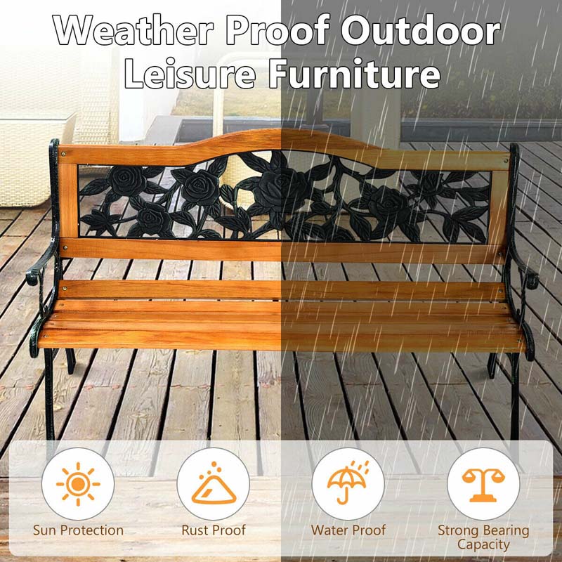 50" Garden Park Bench Cast Iron & Hardwood Weatherproof Outdoor Bench Patio Porch Loveseat Chair