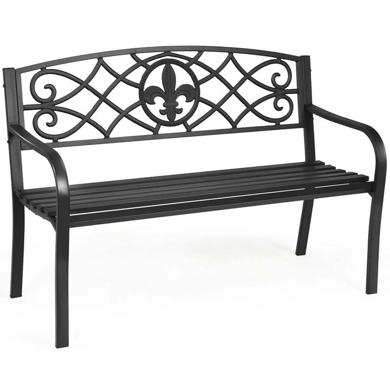 50" Weatherproof Outdoor Patio Bench with Pattern Backrest, Heavy-Duty Metal Park Bench for Garden Backyard Porch