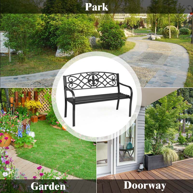 50" Weatherproof Outdoor Patio Bench with Pattern Backrest, Heavy-Duty Metal Park Bench for Garden Backyard Porch