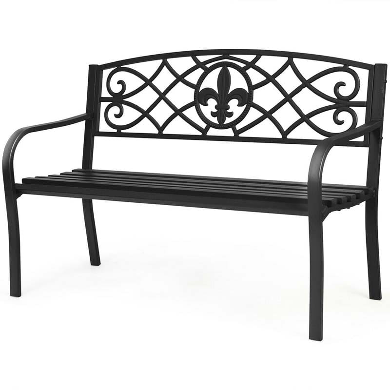 50" Weatherproof Outdoor Patio Bench with Pattern Backrest, Heavy-Duty Metal Park Bench for Garden Backyard Porch