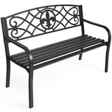 50" Weatherproof Outdoor Patio Bench with Pattern Backrest, Heavy-Duty Metal Park Bench for Garden Backyard Porch