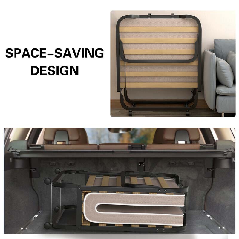 Rollaway Bed with 4 Inch Mattress for Adults, Portable Folding Guest Bed Sleeper Bed Cot on Wheels for Home Office, Made in Italy