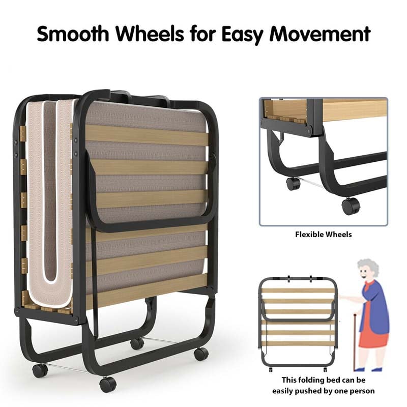 Rollaway Bed with 4 Inch Mattress for Adults, Portable Folding Guest Bed Sleeper Bed Cot on Wheels for Home Office, Made in Italy