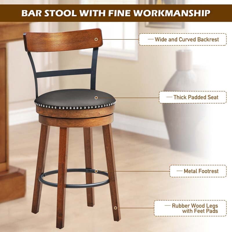 2-Pack 25.5" Wooden Swivel Bar Stools Counter Height Pub Kitchen Dining Chairs with Leather Padded Seat
