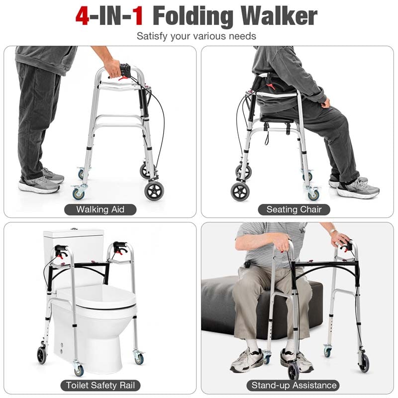 4-in-1 Rolling Walker for Seniors, Folding Stand Up Walker with 5" Wheels, Height Adjustable Medical Walking Mobility Aid