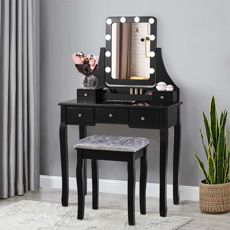 5-Drawer Vanity Table Set with 10 LED Dimmable Bulbs, Bedroom Makeup Dressing Table with Cushioned Stool