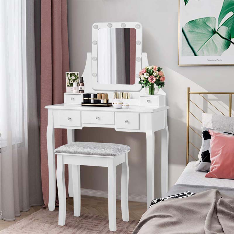 5-Drawer Vanity Table Set with 10 LED Dimmable Bulbs, Bedroom Makeup Dressing Table with Cushioned Stool