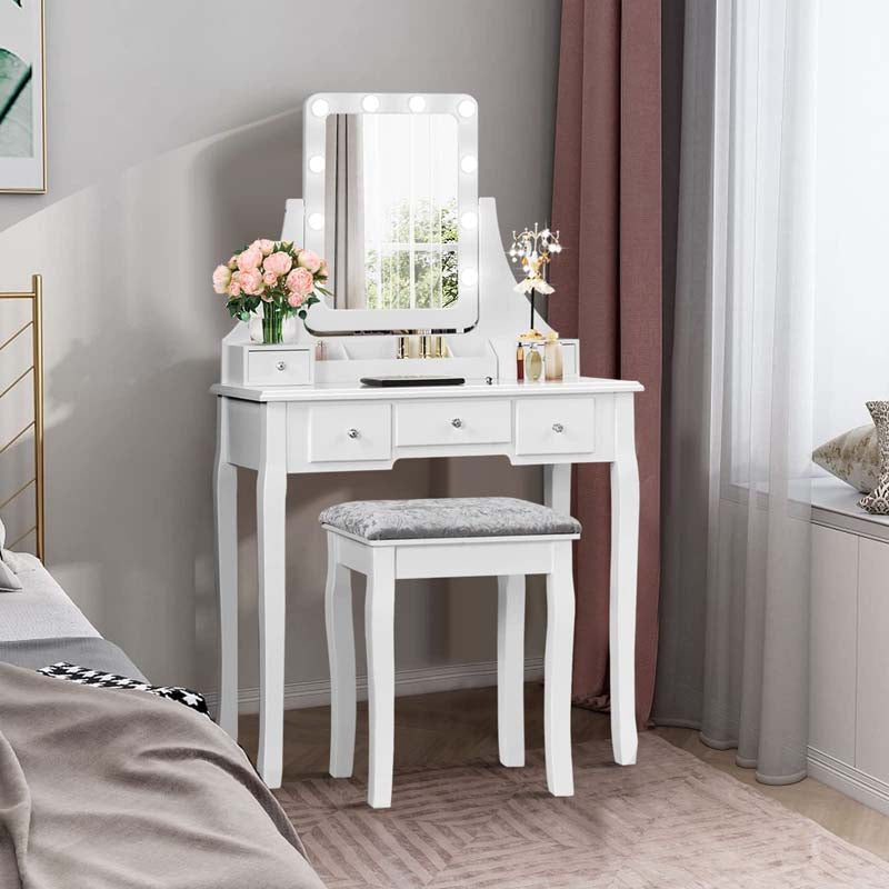 5-Drawer Vanity Table Set with 10 LED Dimmable Bulbs, Bedroom Makeup Dressing Table with Cushioned Stool