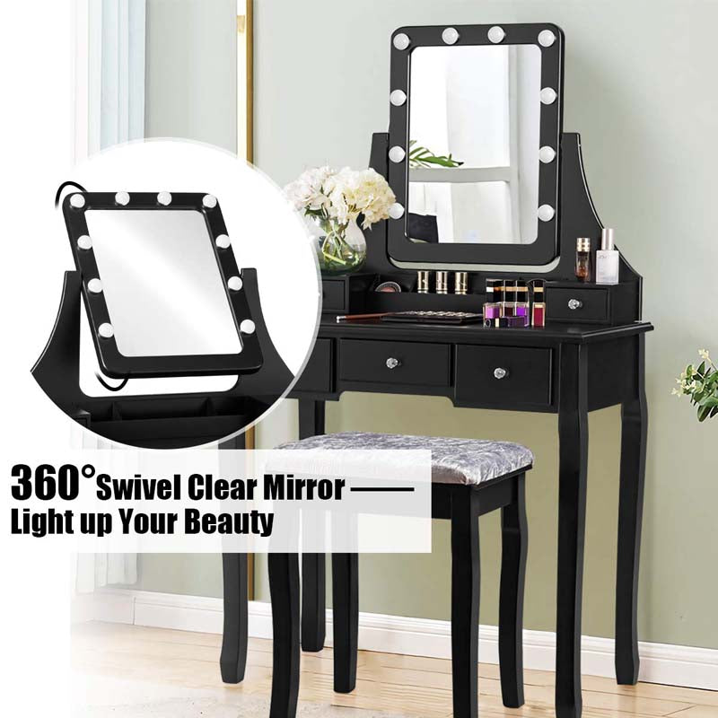 5-Drawer Vanity Table Set with 10 LED Dimmable Bulbs, Bedroom Makeup Dressing Table with Cushioned Stool