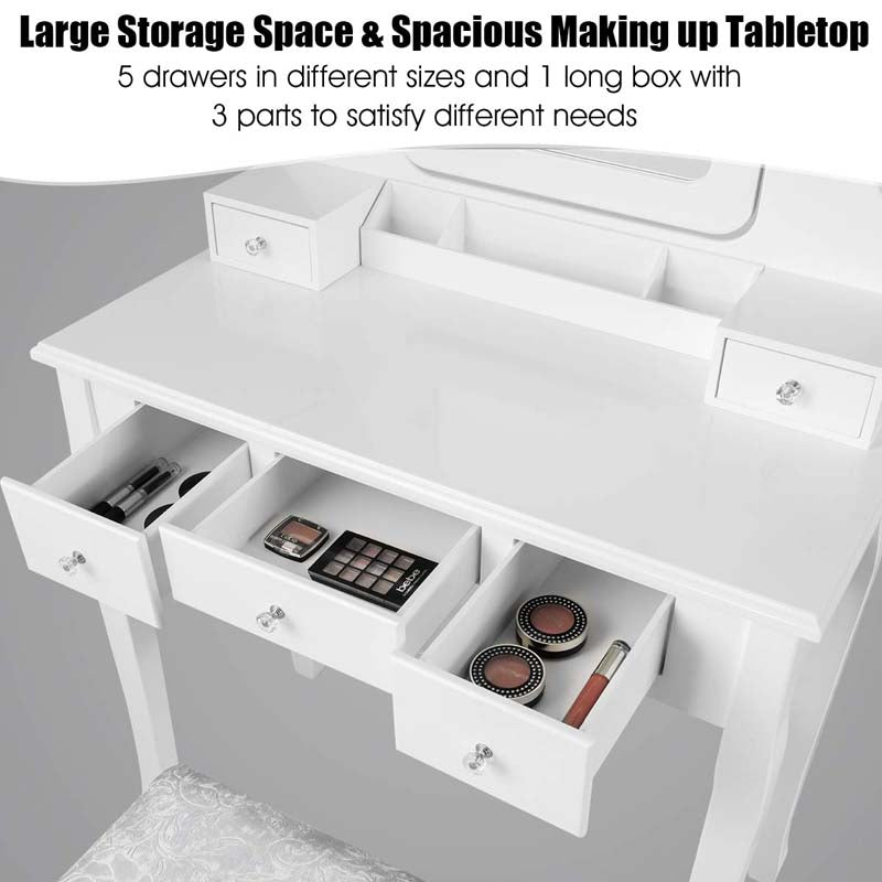 5-Drawer Vanity Table Set with 10 LED Dimmable Bulbs, Bedroom Makeup Dressing Table with Cushioned Stool